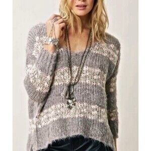 Free People Linus Sweater Fuzzy Knit Gray Pink Stripe V Neck Pullover Size S